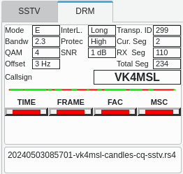 Screenshot of QSSTV DRM reception tab.

Parameters:
Mode: E  InterL.: Long  Transp. ID: 299
Bandw: 2.3  Protec:  High  Cur. Seg:  2
QAM: 4  SNR: 1dB  RX Seg: 110
Offset: 3 Hz    Total Seg: 234
Callsign: VK4MSL

The reception bar showing good/bad blocks is a sea of red, since every static crash made the receiver lose sync due to AGC fluctuations.  Maximum level Reed Solomon FEC wasn't enough to recover anything useful.