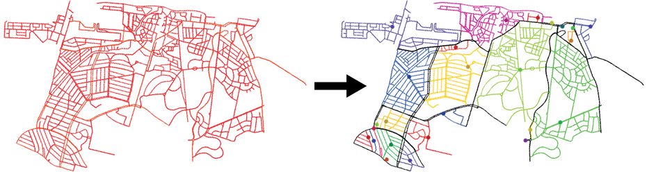 map with two parts. Left: red street network. Right: the same network partitioned into colored Superblock-like neighborhoods