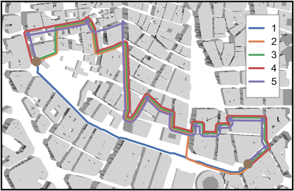 Map with buildings and their shadows, showing 5 different colored paths through a city, going through different amounts of shade