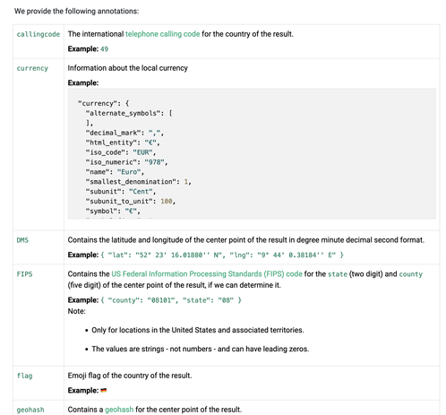 Screenshot of the OpenCage geocoding API documentation explaining annotations