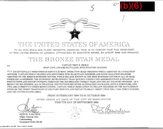 Nehls bronze star citation for administrative work.