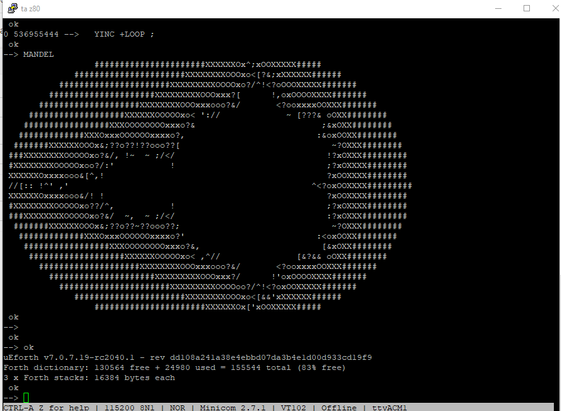 screen shot of the terminal displaying the output of ueForth running on the RC2040. Showing ASCII mandelbrot and the uefoth signon