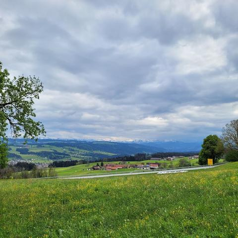 Wiese, Queralpenstraße,  Bauernhäuser und Berge. Bewölkter Himmel