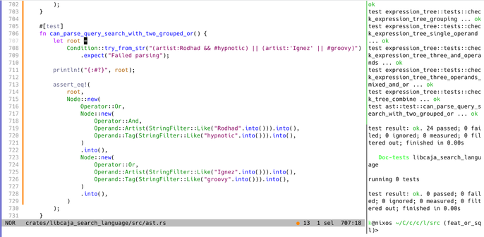 screenshot of my test code to test the node structure for the `(artist:Rodhad && #hypnotic) || (artist:'Ignez' || #groovy)`