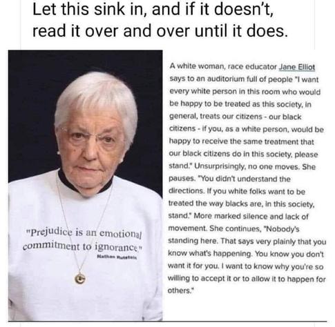 Let this sink in, and if it doesn't,
read it over and over until it does.
"Prejudice is an emotional
commitment to ignorance"
Nathan Rutstein
A white woman, race educator Jane Elliot
says to an auditorium full of people "I want
every white person in this room who would
be happy to be treated as this society, in
general, treats our citizens - our black
citizens - if you, as a white person, would be
happy to receive the same treatment that
our black citizens do in this society, please
stand.* Unsurprisingly, no one moves. She
pauses. "You didn't understand the
directions. If you white folks want to be
treated the way blacks are, in this society,
stand." More marked silence and lack of
movement. She continues, "Nobody's
standing here. That says very plainly that you
know what's happening. You know you don't
want it for you. I want to know why you're so
willing to accept it or to allow it to happen for
others."