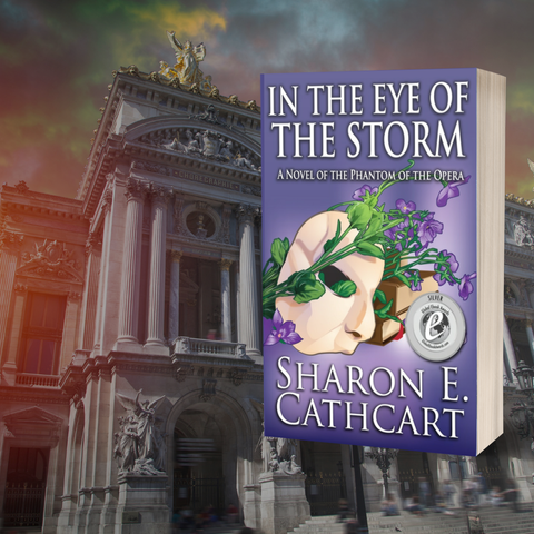 Background image of Opera Garnier with an image of novel "In The Eye of The Storm" in the foregroundd