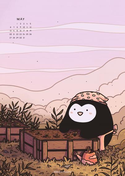 Illustration of a penguin gardening.