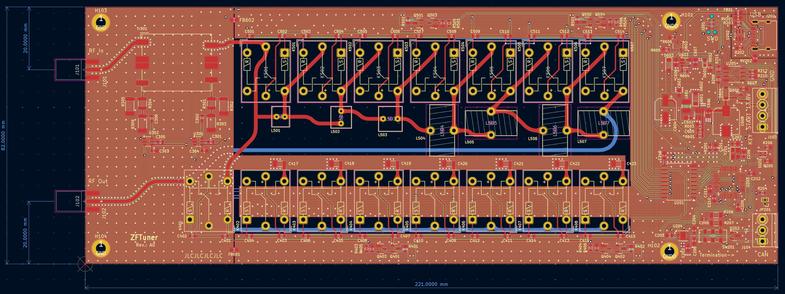 PCB editor image of a circuit board layout for an automatic antenna tuner. The image show the board size to be 221mm by 82 mm. Show is mainly the top side copper layout and silkscreen.