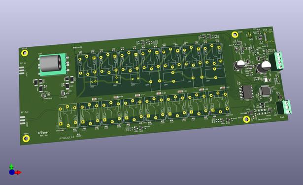 3D simulation image of an automatic antenna tuner PCB. The image shows the PCB itself as well as some of the components on the board.