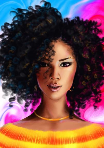 Portrait dessiné inspiré par l’actrice afro-américaine Sonequa Martin-Green. Elle porte un pull jaune à col dégagé et rayé de rouge-orangé.