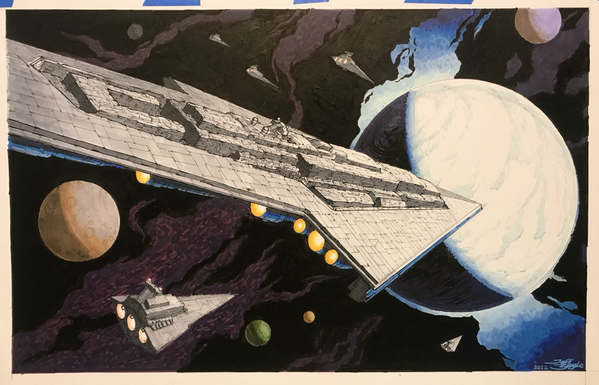 Mixed media drawing/painting of Super Star Destroyer Executor and Imperial fleet arriving at Hoth