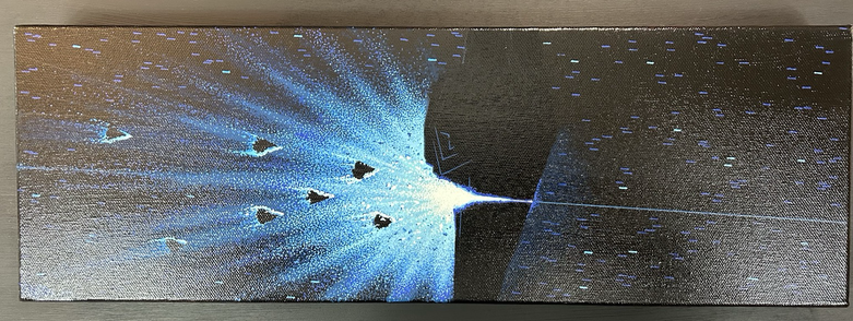 Acrylic painting showing the Holdo Maneuver from Star Wars with blast-damaged Snoke ship and star Destroyers viewed from above