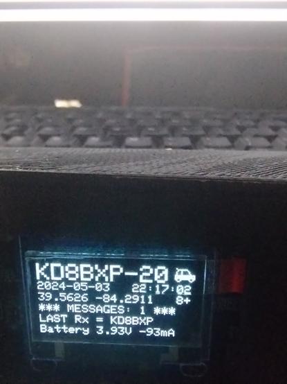 LoRa APRS TTGO T-Beam screening showing call sign, date, time GPS location, and that a message has been received As well as other information.