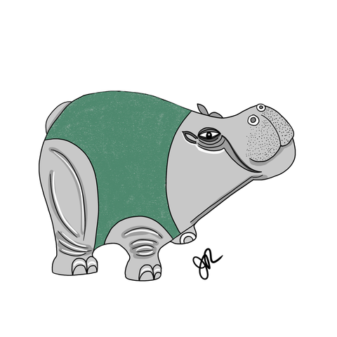little hippo with upturned face and green shirt.