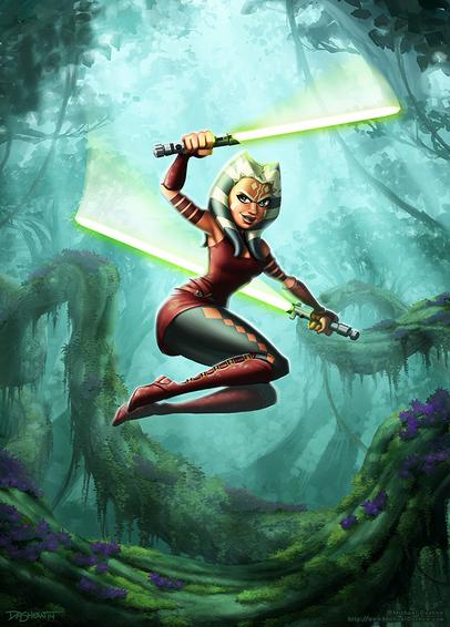 Ahsoka Tano leaping through the air in a lush otherworldy forest. She's dressed as she was in the mid-later parts of The Clone Wars and holding her two light sabers.