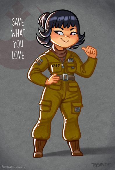 Cartoony chibi drawing of Rose Tico from The Last Jedi. Next to her is the quote "Save what you love."