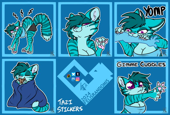 Digital art of a teal feline character made for telegram/discord stickers. Fluffed up on all fours looking like she's squaring up, biting an arm, looking incredibly smug about something, big adorable eyes arms outreach asking for cuddles, wrapped in a blanket eating a cookie.