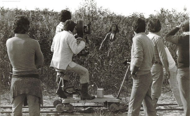 Caroline Munro running along in a without-a-doubt intergalactic cornfield. Cast and crew look on.