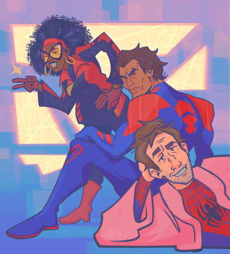 Fanart of Jess, Miguel O'Hara, & Peter B. Parker from Across the Spiderverse. They are lined up, facing left and looking at the camera. Jess is furthest back; she stands with one hand on her hip and leans forward a little with a smile, holding up a peace sign. . Miguel is seated with his back facing the camera, sitting on one leg with the other propped up[ . His expression is stern, and has one hand leaning on his knee. Peter B is closest to the camera and is lying on his side. His head is propped up by his arm and he faces the camera with a big grin. The Background is a bright purple, with a smattering of Miguel's orange computer screens framing the top of the image. The whole piece is bright and colorful.