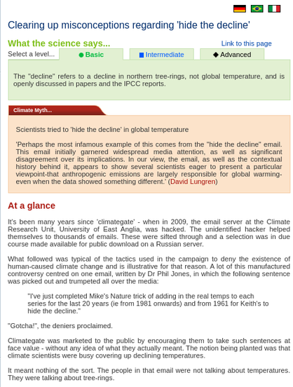 Skeptical Science climate myth rebuttal for "Climategate" captured as a screenshot.