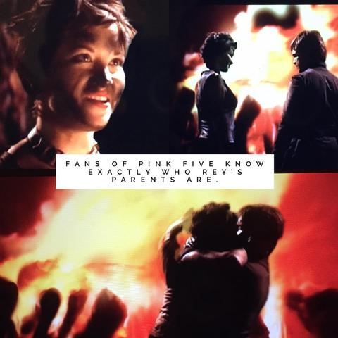 Picture saying "Fans of Pink Five know exactly who Rey's parents are." with Stacy smiling at Luke Skywalker & the two of them kissing at the bottom image