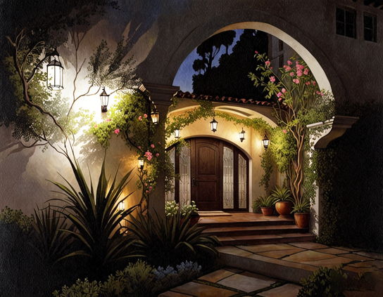 A warmly lit arched garden gateway, illuminated by lanterns, amid lush greenery and flowering plants, leading to a house with an inviting wooden door.