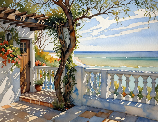 Sunny seaside patio of a stucco beach house, with a view of the ocean. Watercolor style.