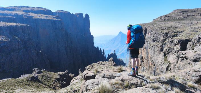 The author looks out over the top of Madonna pass to the fluted basalt rock columns known as Madonna and her Worshippers