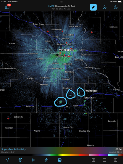 National Weather Service radar located in Chanhassen Minnesota serving the Minneapolis / St Paul area showing wind farms in southern Minnesota 100 miles away from the radar site.