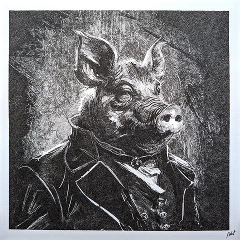 This image depicts a detailed pen plotter artwork of a pig styled in a human-like manner. The pig has a sharp, inquisitive expression and is dressed in a formal coat with a button-up shirt beneath. The background is finely textured, suggesting a rich, chaotic pattern that contrasts with the detailed, precise lines used to render the pig. The artwork is rendered in black and white, emphasizing the light and shadow created by the intricate line work.