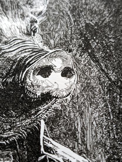 This image depicts a detailed pen plotter artwork of a pig styled in a human-like manner. The pig has a sharp, inquisitive expression and is dressed in a formal coat with a button-up shirt beneath. The background is finely textured, suggesting a rich, chaotic pattern that contrasts with the detailed, precise lines used to render the pig. The artwork is rendered in black and white, emphasizing the light and shadow created by the intricate line work.