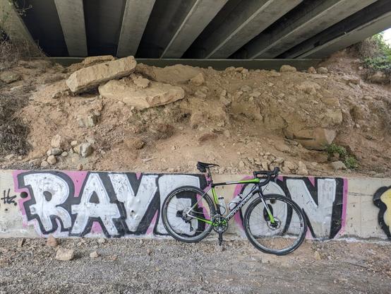 Bicycle leaning on a wall with a "rave on" graffiti