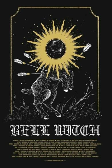 Bell Witch tour poster illustration featuring goat standing on hind legs in the grass, its upper body is pierced with four arrows, and in place of its head is a large golden sun with a cosmic black hole in its center.