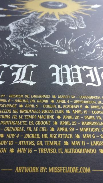 Closeup photo of Bell Witch tour poster, 40x60 cm, screenprinted illustration and list of concert dates in white and gold ink on black matte heavy stock paper.