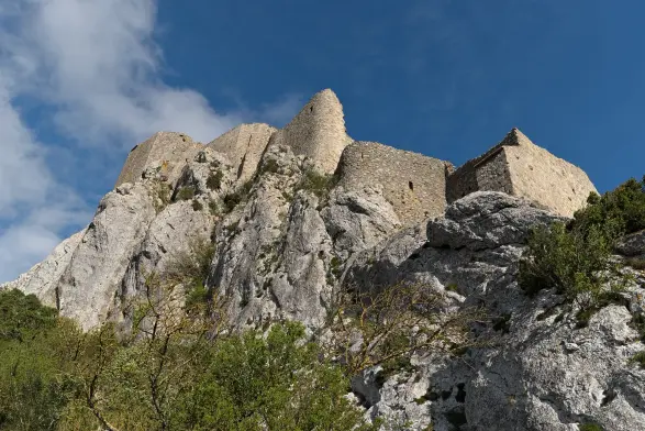 Contre-plongée sur le chateau, avec des arbustes au pied des rochers.