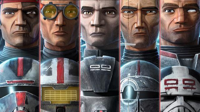Imagen oficial de Disney con los 5 clones característicos de la fuerza clon 99: A la derecha del todo Hunter(un plagio de Rambo con la bandana, la mitad de la cara con un tatuaje de calavera y el líder), a su derecha tiene a Tech un clon normal con gafas modernas cibernéticas, en el medio al pálido y lleno de aparatos en la cabeza de Echo, a la derecha de Echo está Crosshair el clon escuálido con un crosshair tatuado en uno de sus ojos(me recuerda al Spy de TF2) y finalmente a la izquierda del todo a Wrecker el clon mazadísimo con un ojo ciego y dañado probablemente por el combate. Debajo de cada perfil del clon está su casco característico y modificado a corde a sus personalidades