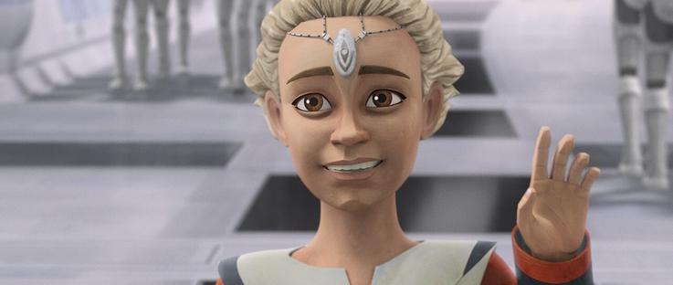 Imagen oficial de Disney con una niña clon con un peinado extraño, el pelo rubio y ojos marrones saludando al espectador y de fondo está la sección militar futirista al estilo Star Wars de las tropas clones, es la clon Omega