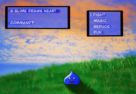 A grassy hillside with yellow-orange broken clouds in the sky. A blue blob with a big smile is in the foreground, and a text box pops up: “A Slime draws near! Command?” with the options of fight, magic, seduce, or run.