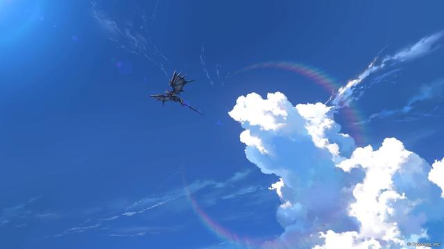 A vast, big blue sky at day, with a column of white clouds in the center. On the middle, a black dragon, far, far away