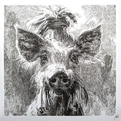 This pen plotter artwork features an intricate portrait of a pig that exudes a sense of leadership and wisdom. The pig's face is centered and looking directly at the viewer with a calm, composed expression. Notably, its hair is tied up at the top of its head, reminiscent of a guru's hairstyle, suggesting a thoughtful or spiritual leader. The fur around the face is detailed and textured, contributing to the realism of the depiction. The background is densely filled with chaotic line patterns, contrasting sharply with the well-defined, charismatic features of the pig. The artwork is rendered in black and white, emphasizing the fine details and the stark contrasts created by the line work.