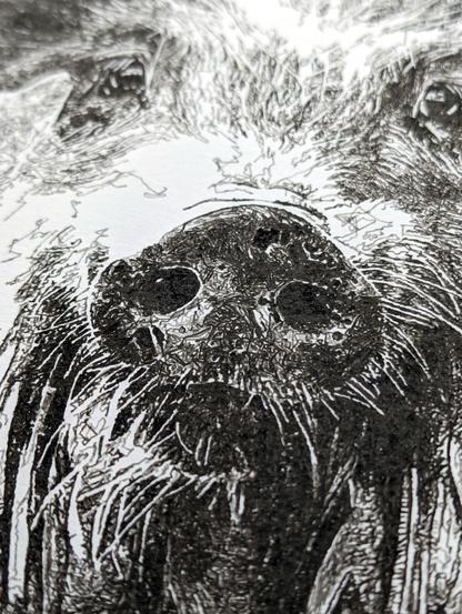This pen plotter artwork features an intricate portrait of a pig that exudes a sense of leadership and wisdom. The pig's face is centered and looking directly at the viewer with a calm, composed expression. Notably, its hair is tied up at the top of its head, reminiscent of a guru's hairstyle, suggesting a thoughtful or spiritual leader. The fur around the face is detailed and textured, contributing to the realism of the depiction. The background is densely filled with chaotic line patterns, contrasting sharply with the well-defined, charismatic features of the pig. The artwork is rendered in black and white, emphasizing the fine details and the stark contrasts created by the line work.
