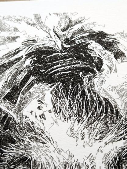 This pen plotter artwork features an intricate portrait of a pig that exudes a sense of leadership and wisdom. The pig's face is centered and looking directly at the viewer with a calm, composed expression. Notably, its hair is tied up at the top of its head, reminiscent of a guru's hairstyle, suggesting a thoughtful or spiritual leader. The fur around the face is detailed and textured, contributing to the realism of the depiction. The background is densely filled with chaotic line patterns, contrasting sharply with the well-defined, charismatic features of the pig. The artwork is rendered in black and white, emphasizing the fine details and the stark contrasts created by the line work.