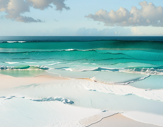 Beach with turquoise waters, foamy waves, and soft sand on a sunny day, evoking a tactile barefoot feeling.
