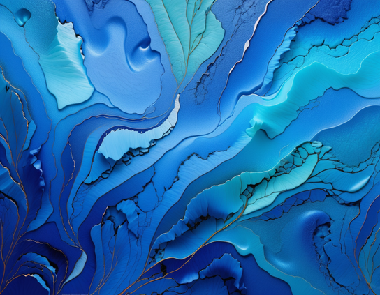 Richly textured blue mineral surfaces with intricate gold veins in an abstract style.