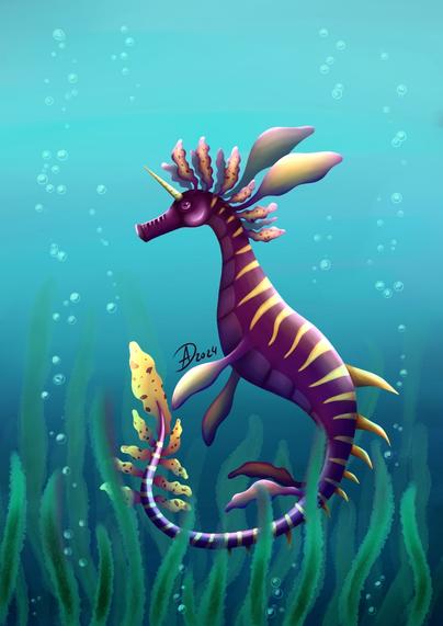 Digitalart 
Wasserpferd mit violett-gelber Musterung und einem Horn auf der Stirn mitten im Meer umgeben von Seegras. Das Einhorn des Ozeans? 🤔
