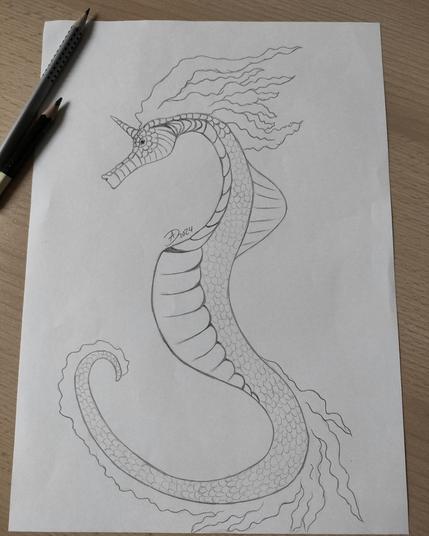 Traditionalart 
Wasserpferd als Skizze mit Bleistift gezeichnet. Es sieht anders als die digitale Version aus. Welche Version ist besser?