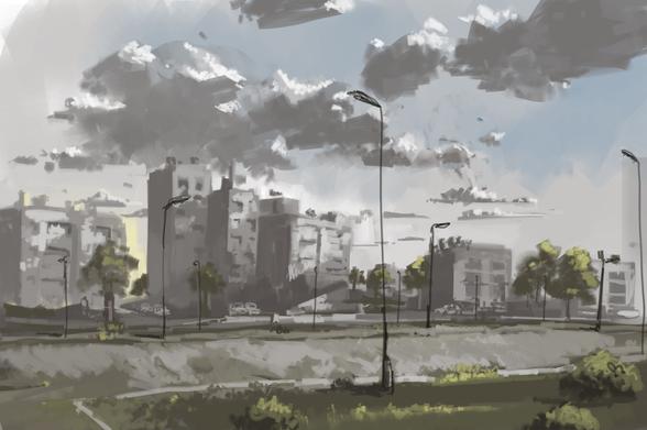 Digital landscape painting of blocky buildings with park path in the foreground. Used a limited palette for a somber mood