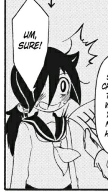 Tomoko being happy and blushing. She has cute ponytail