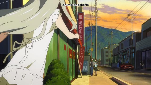 A girl in a white dress runs towards a store that has a sign saying WcDonald