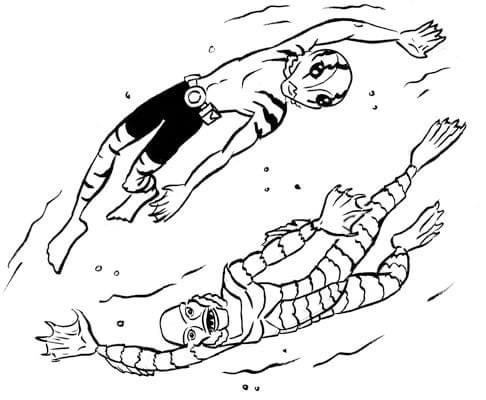 Ink drawing of Abe Sapien from Hellboy and the creature from the black lagoon, swimming in opposing positions like the Pisces zodiac fish